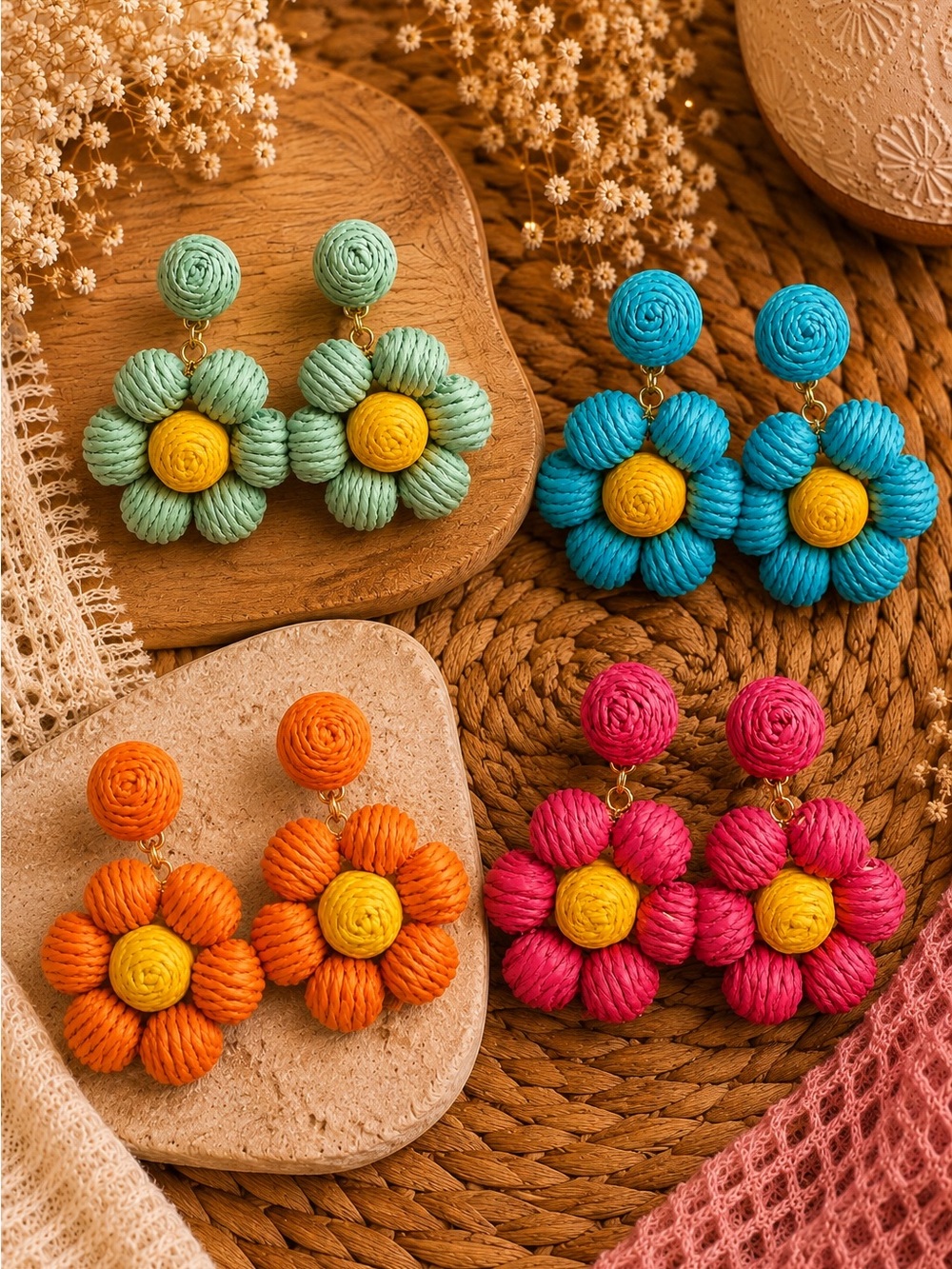 Raffia Flower Drop Earrings - Multiple Colors